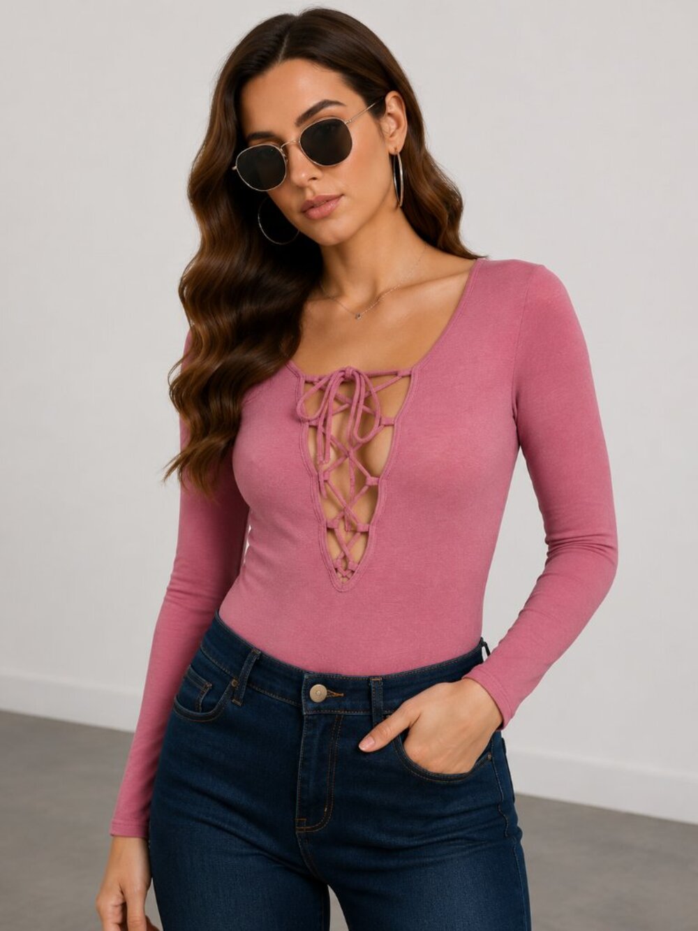 Mauve Lace Up Long Sleeve Bodysuit NWT